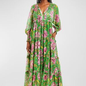 $345 Love the Label Tessa Green Pink Yellow Floral Tiered Maxi Dress Size SMALL